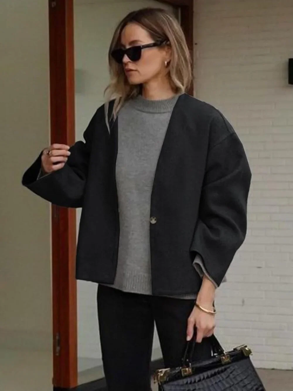 Women's Grey Wool Blend Collarless Cropped Long Sleeve Short Fall Pea Overcoat